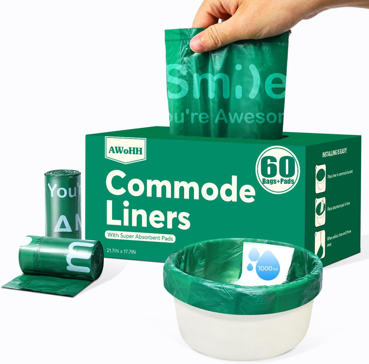Commode Liners with Absorbent Pads, 60Pack Tear-Free Leak-Proof Bedside Commode Liners, Universal Disposable Commode/Bed Pan Liners for Bedside Commode, Standard Toilet, Chair Bucket(60Bags+60Pads)
