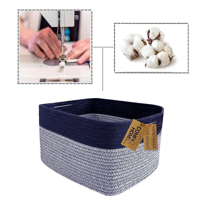 COMFY-HOMI 3PACK Rectangular Cotton Rope Basket With Handles for Shelves|Dog Toy|Baby Gift - Dark Blue (13.5" x 11" x 9.5")