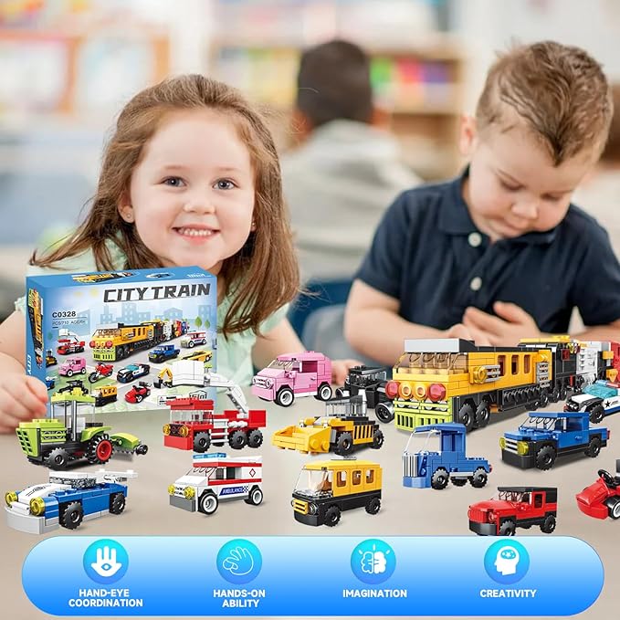 16 Pack Building Blocks Party Favors for Kids, 2 in 1 710pcs Creative Building Kits Mini City Vehicles include Police Car & Train, Christmas Toy Gifts Goodie Bag Fillers Stuffers for Boys Girls Kids