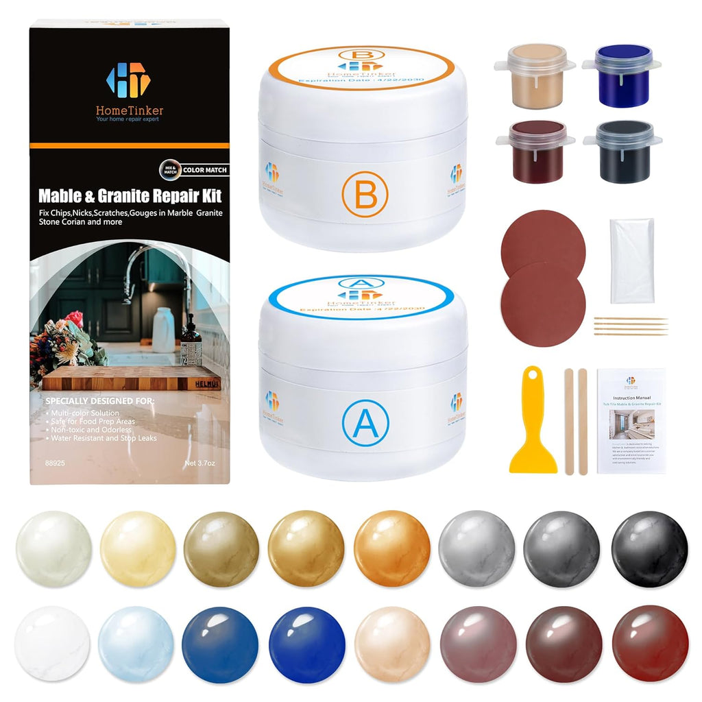 Marble and Granite Repair kit, Quartz Countertop Repair Kit for Chip Dents Cracks Holes Scratchs, Premium Marble Granite Quartz Laminate Formica Travertine Corian Stone Epoxy Filler