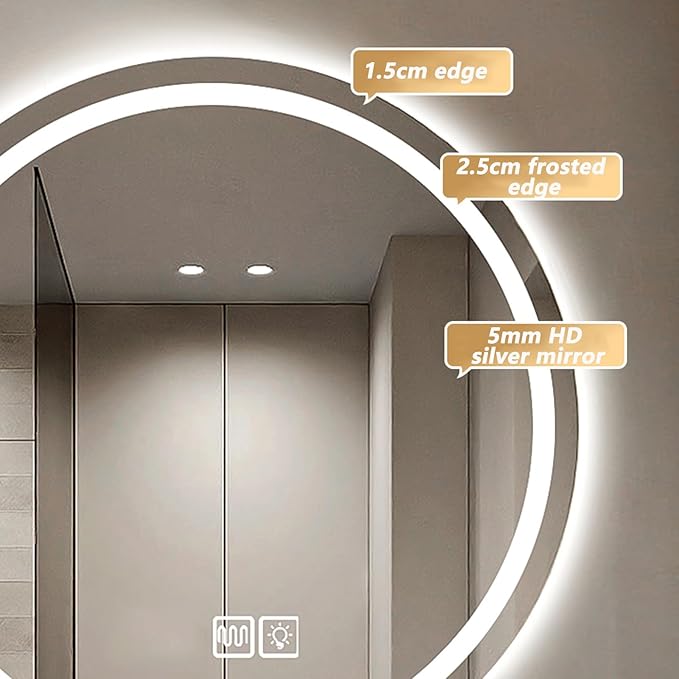Wall Mirror for Bathroom, Wall Mounted Multifunction Bathroom Vanity Mirror with LED Lights and Demister Pad, 3-Color Dimmable LED Light, for Living Room and Bathroom(A,90cm/35.4in)