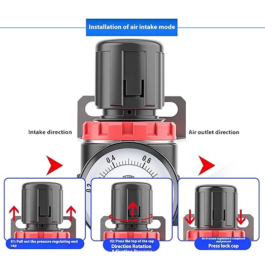 Compressed Air Pressure Filter Regulator Airtac BFR3000-C 3/8'' NPT 0-140 PSI Combo Piggybac Adjustable,Bracket,Gauge Semi-Auto Drain