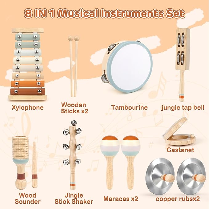 Toddler Musical Instruments, Joyreal Baby Musical Instruments Montessori Wooden Toys for Toddlers 3, Neutral Colors Percussion Instruments Set, Aesthetic Modern Boho Xylophone for Kids Playroom Gifts