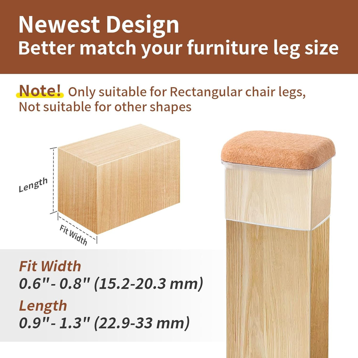Ezprotekt 8 Pcs Rectangle Clear Felt Chair Leg Floor Protectors for Hardwood Tile Floors, Rectangle Silicone Felt Furniture Pads Caps Covers for Chair Table Desk Sofa (Fit W : 0.6-0.8", L: 0.9-1.3")