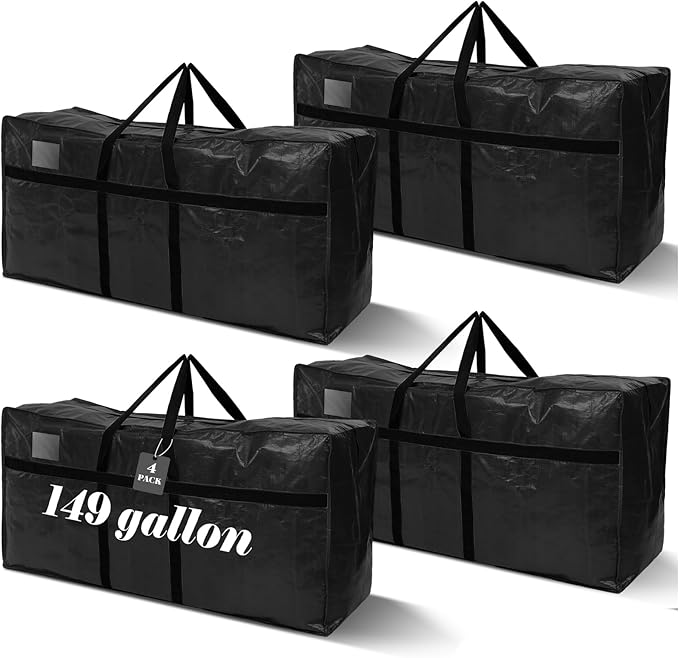 4 Pcs 149 Gallon Large Moving Bags with Zipper and Handles Foldable Storage Duffle Bags Heavy Duty Extra Large Totes for College Dorm Travel Clothes Blankets Bedding Moving (Black)