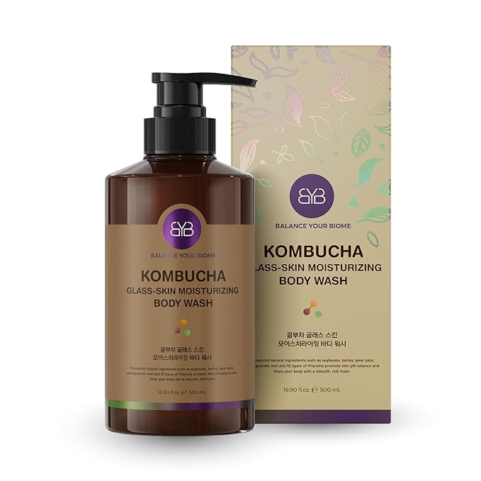 BALANCE YOUR BIOME Kombucha Glass-Skin Moisturizing Body Wash, K-Beauty,Fermented soybean, barley, Pear Juice, Pomegranates,12 Vitamins, Nurishing, Cleansing, 16.9 fl.oz.500ml, No Silicone