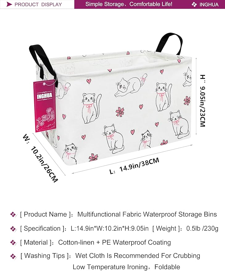 Rectangular Storage Basket Fabric Organizer Bin for Toys,Books,Clothes,Gifts,Pets-Perfect for Home,Office,Nursery,Dorm,Shelf(Rec-Love cat )