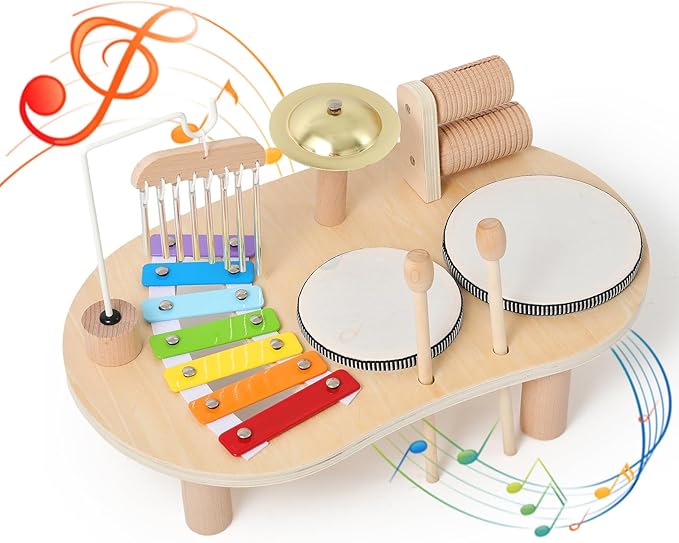 Promise Babe Wooden Drum Set for Toddlers 1-3, Musical Percussion Instruments for Kids Baby Drum Set Xylophone, Montessori Educational Musical Toys, Gifts for Girls Boys Ages 3+