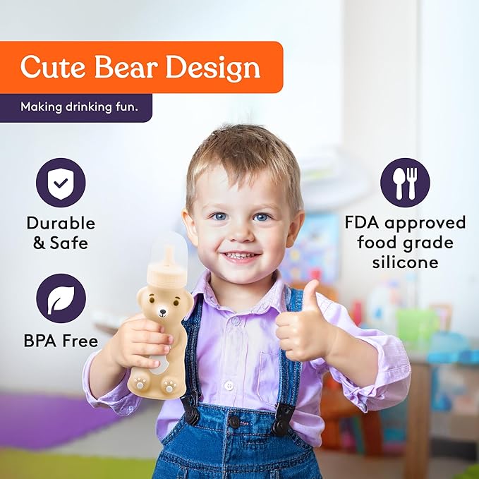 Special Supplies Honey Bear Straw Cup Long Straws, Squeezable Therapy and Special Needs Assistive Drink Container, Spill Proof and Leak Resistant Lid (Pack of 1 Bottle and 3 Straws) (Brown)