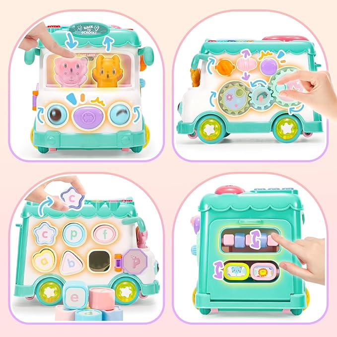 Baby Gift for 1-2 Year Old Girl, 10-in-1 Montessori Toys Bus for Baby 6-12-18 Months+, First Christmas and Birthday Gifts, Blue Educational Musical Sensory Learning Toddler Toys Age 1-2