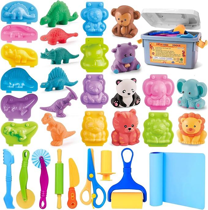 Dough Play Tools Sets for Kids, 22pcs Clay and Dough Accessories for Toddlers with Storage Box, Silicone Mat, Rolling Pins, Safety Scissors, Mini Knife,3D Dino & Animal Molds, Gift for Boys Girls