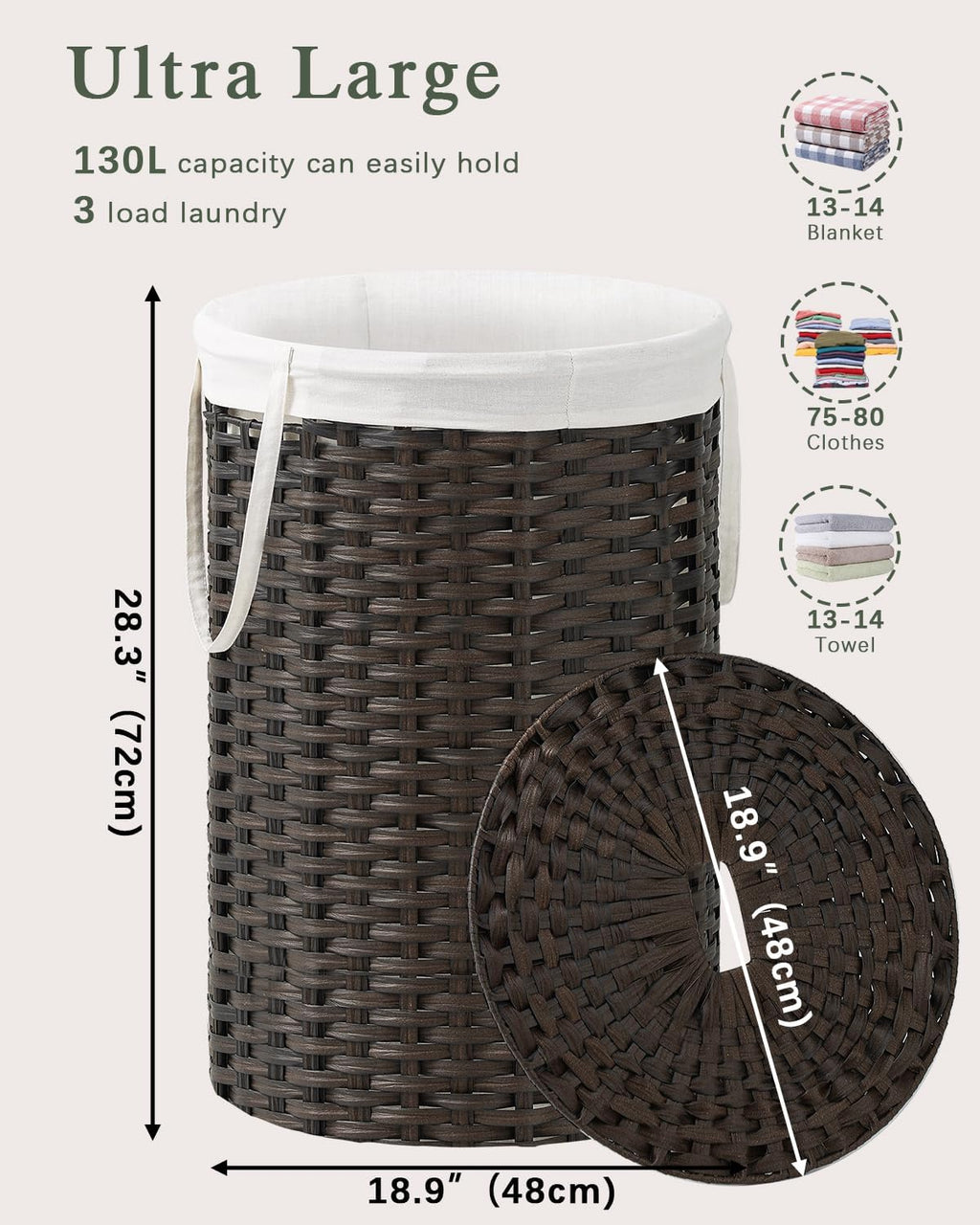 Large Laundry Hamper Laundry Basket Round 34.3 Gal (130 L) Handwoven Wicker Laundry Baskets Rattan Laundry Basket with Laundry Bag Handles 2 Mesh Bags for Living Room Bedroom Brown