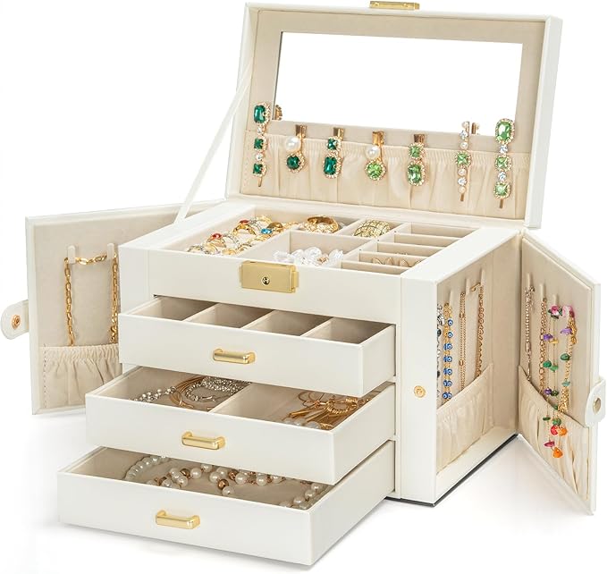 AKOZLIN Large 4-Tier Jewelry Box Leather Jewelry Storage Organizer with 3 Drawers Lockable for Women Girls Ring Necklace Earring Bracelet Watches Holder with Mirror White