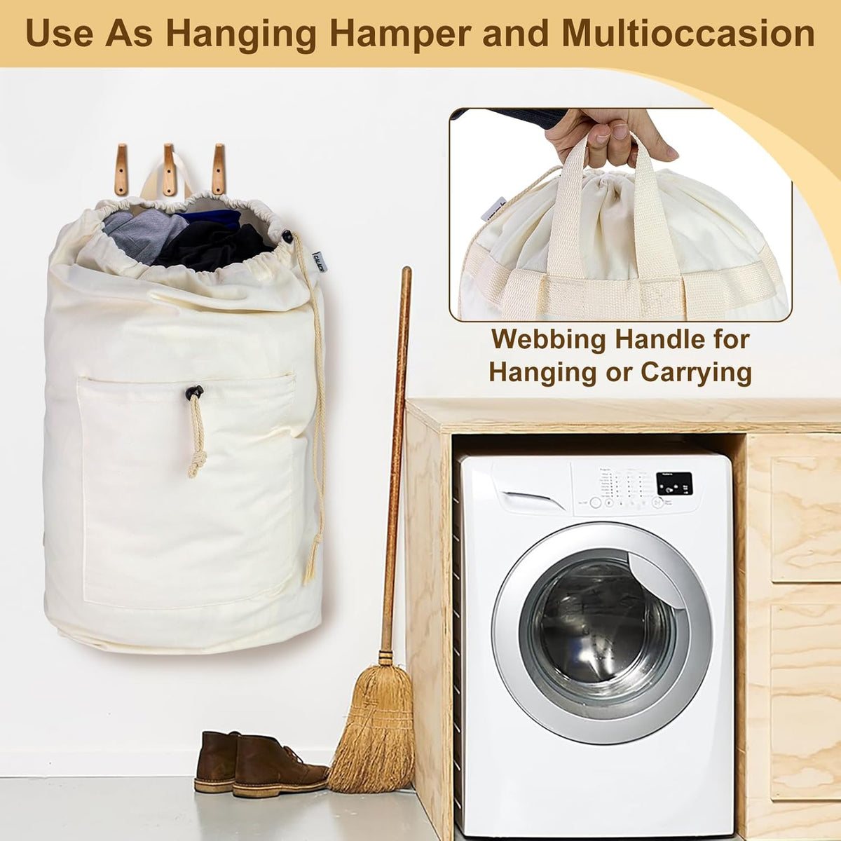 Laundry Bag Backpack, Canvas Laundry Bag with Straps & Drawstring Closure Washable Dirty Cloth Hamper Bag with Large Front Pocket for College, Travel, Laundromat, Camping (2 Pack)