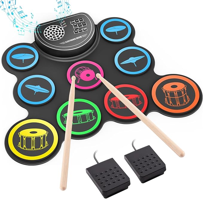 Electronic Drum Set, 9-Drum Practice Pad with Headphone Jack, Roll-up Drum Kit Machine with Built-in Speaker Drum Pedals and Sticks 10 Hours Playtime, Great Christmas for Kids