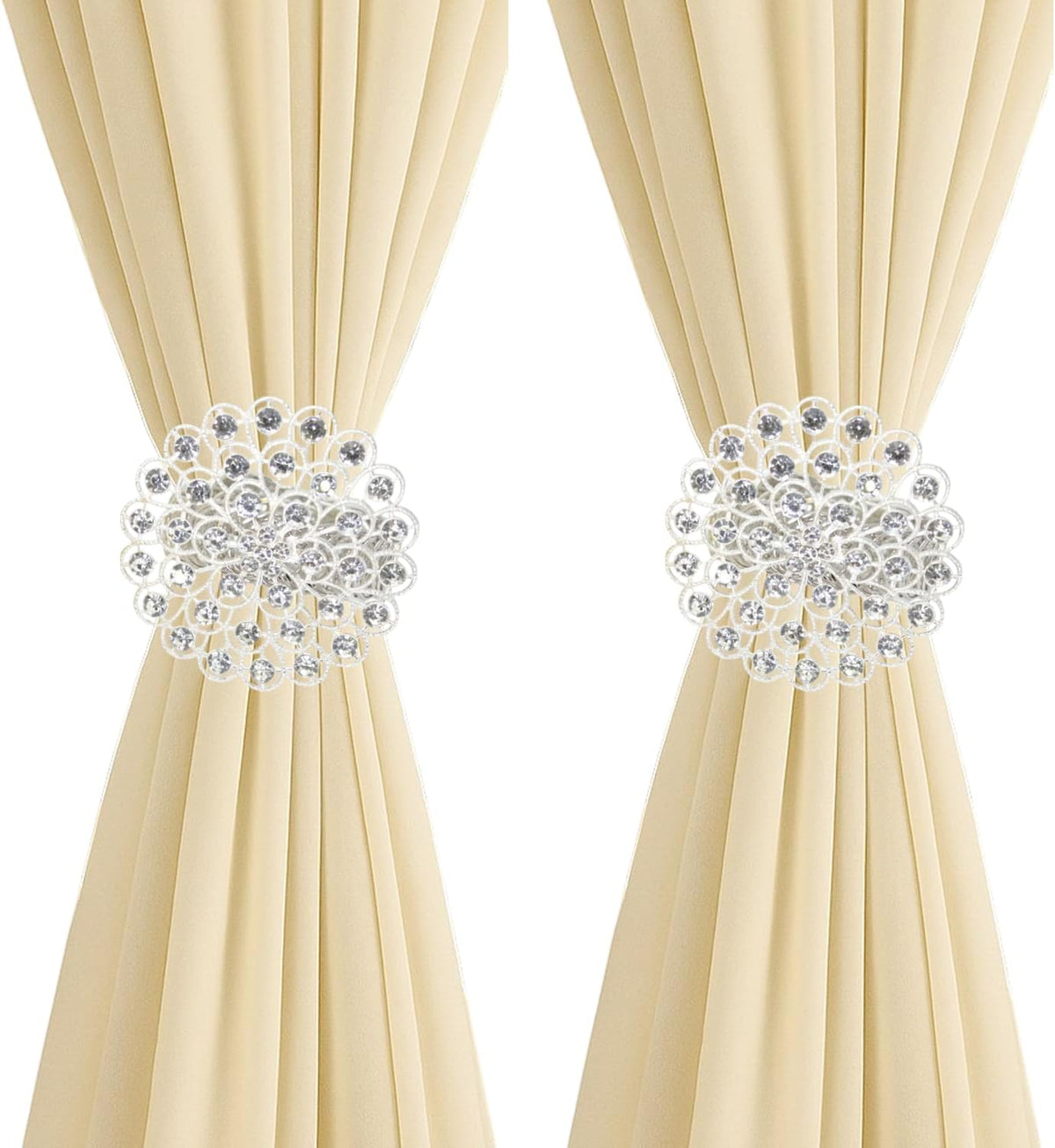 2 Pack Crystal Flower Curtain Tiebacks – Decorative Spring Wire Buckle Clips with Sparkling Rhinestone Flower Design, No Drilling, Easy Fit for Drapes & Sheers (Silver)