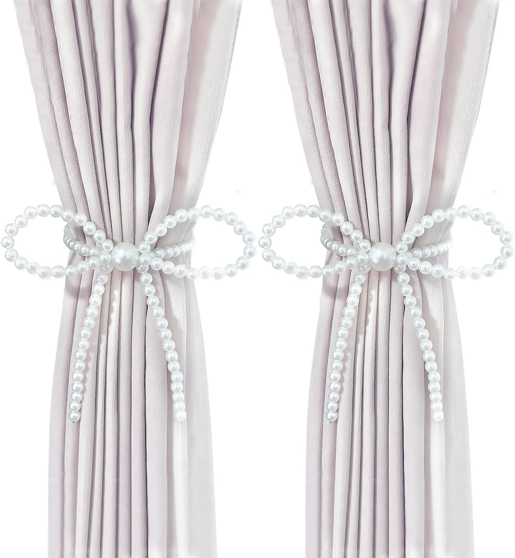 Magnetic Tiebacks for Curtains, 2 Pack Bow Pearl Curtain tiebacks Curtain Buckle Clips with High-Elastic Spring Wire,Curtain Holders for Wall,Drapery tiebacks,Curtain Ties (2pcs Bow)