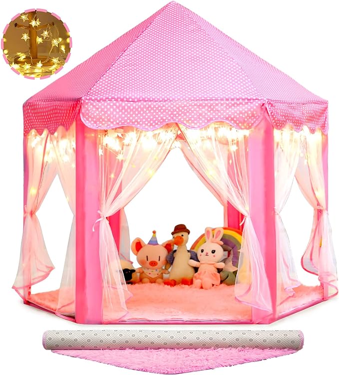 Princess Castle Tent with Rug for Girls Fairy Play Tents for Kids Hexagon Playhouse with Fairy Star Lights Toys for Children or Toddlers Indoor Games (Pink Princess Tent with Rug)