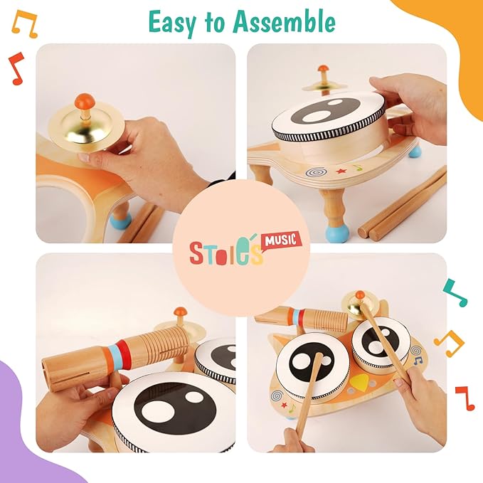 Stoie's Owl Drum Set for Babies and Toddlers 3-5 Years Old- Wooden Percussion Musical Instruments for Kids with Cymbals, Tambourines, Drumsticks, Durable, Safe to Play, Clear Sound, Easy-to asseble