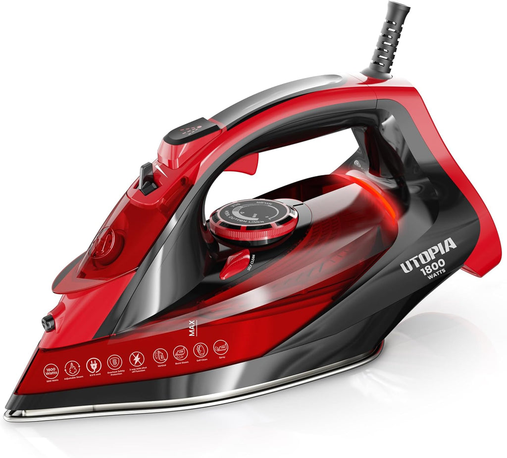 Utopia Home Steam Iron for Clothes - Non-Stick Soleplate - 1800W Clothes Iron With Auto-Off Safety Feature - Adjustable Thermostat Control, Variable Steam Control, Self-Clean, 8 Feet Cord (Black/Red)