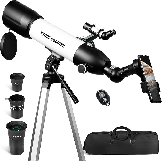 FREE SOLDIER Telescope 80mm Aperture 500mm Refractor Telescope for Adults High Powered - Professional Astronomical Refracting Telescope for Beginners with Phone Adapter White