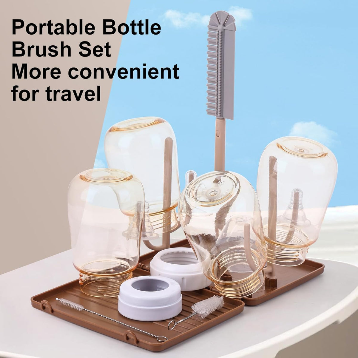 Baby Bottle Drying Rack，Travel Baby Bottle Drying Rack Set, Cleaner Kit with Silicone Bottle Brush,Straw Brush, Suitable for Home use or Traveling with Babies (Coffee Color)
