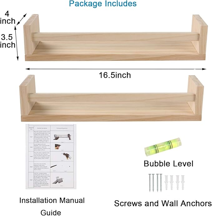 Nursery Floating Book Shelves for Kids Room, Kitchen Spice Rack, or Rustic Wall Mounted Shelves for Farmhouse Bathroom Decor (Natural Wood),Set of 2