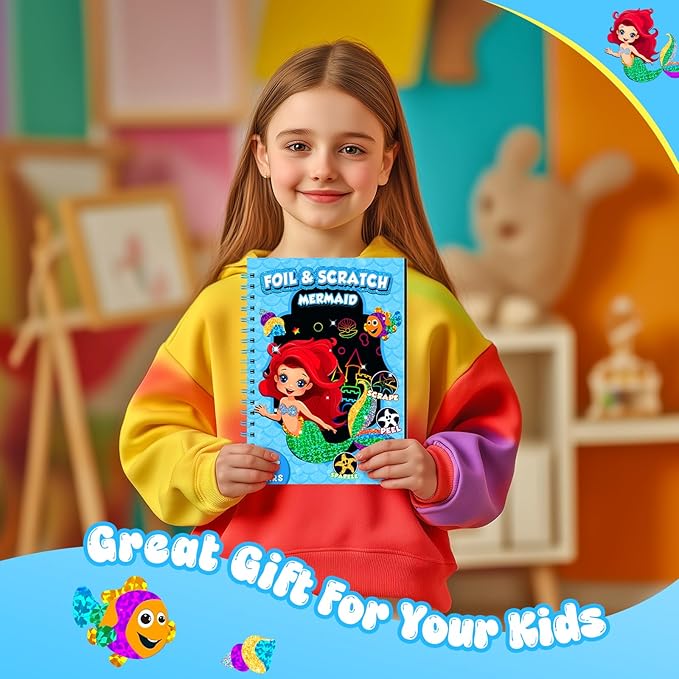 homicozy Art & Craft Activity for Kids - Foil Fun Mermaids & Scratch Art Book 2-in-1, No Mess Art Crafts for Girls,DIY Creative Activity Kit,Gifts for Girls Ages 4, 5, 6, 7, 8, 9, Travel Toys