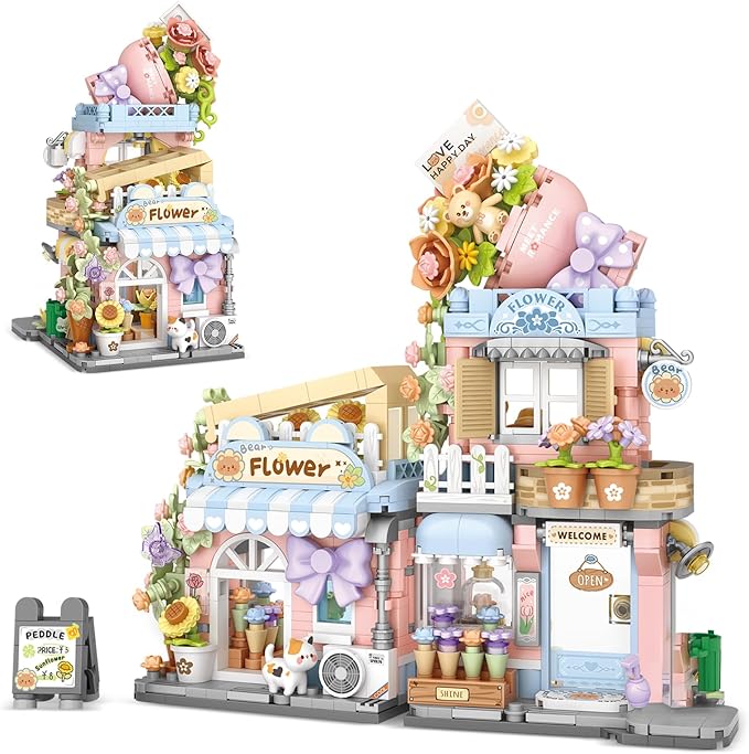Street View Flower House Shop Mini Building Blocks, MOC Creative Building Toys Cute Panda Building Set for Girls 6-12, Simulation Architecture Construction Toy, Gift Idea for Kids Adults (854 PCS)