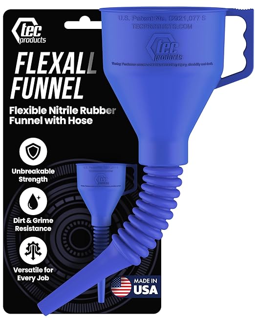 TEC Products FlexAll Long Flexible Funnels - Automotive Oil Funnel with Hose, Durable Nitrile Rubber for Oil Change, Transmission Funnel Fluid, Diesel, Fuel, Gas - Made in USA - Blue (16 x 5 Inches)