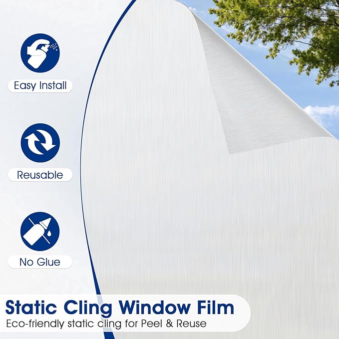 Privacy Window Film Static Cling, Frosted Glass Decorative Window Film with 96% UV Blocking, Non-Adhesive Removable Window Cling for Home Office Bathroom, 23.6 x 118.1 Inches, White