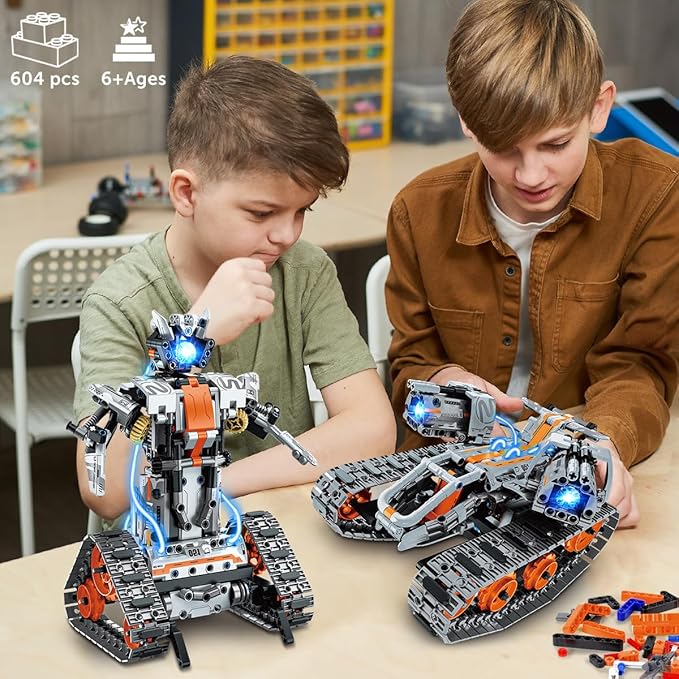 5-in-1 Building Toys with LED Light, APP & Remote Control Building Block Set, 604 PCS RC Tech Rechargeable Tank Robot Sleigh Tracked Racer Toy, Gift for Kids Boys Girls Ages 6 7 8 9 10 11 12+