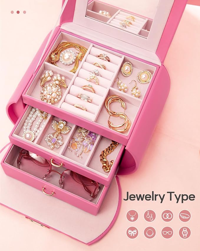 Homde Girls Jewelry Box Jewelry Storage Case Organizer with Mirror for Rings, Earrings, Bracelets, Necklaces (Pink + Gold)