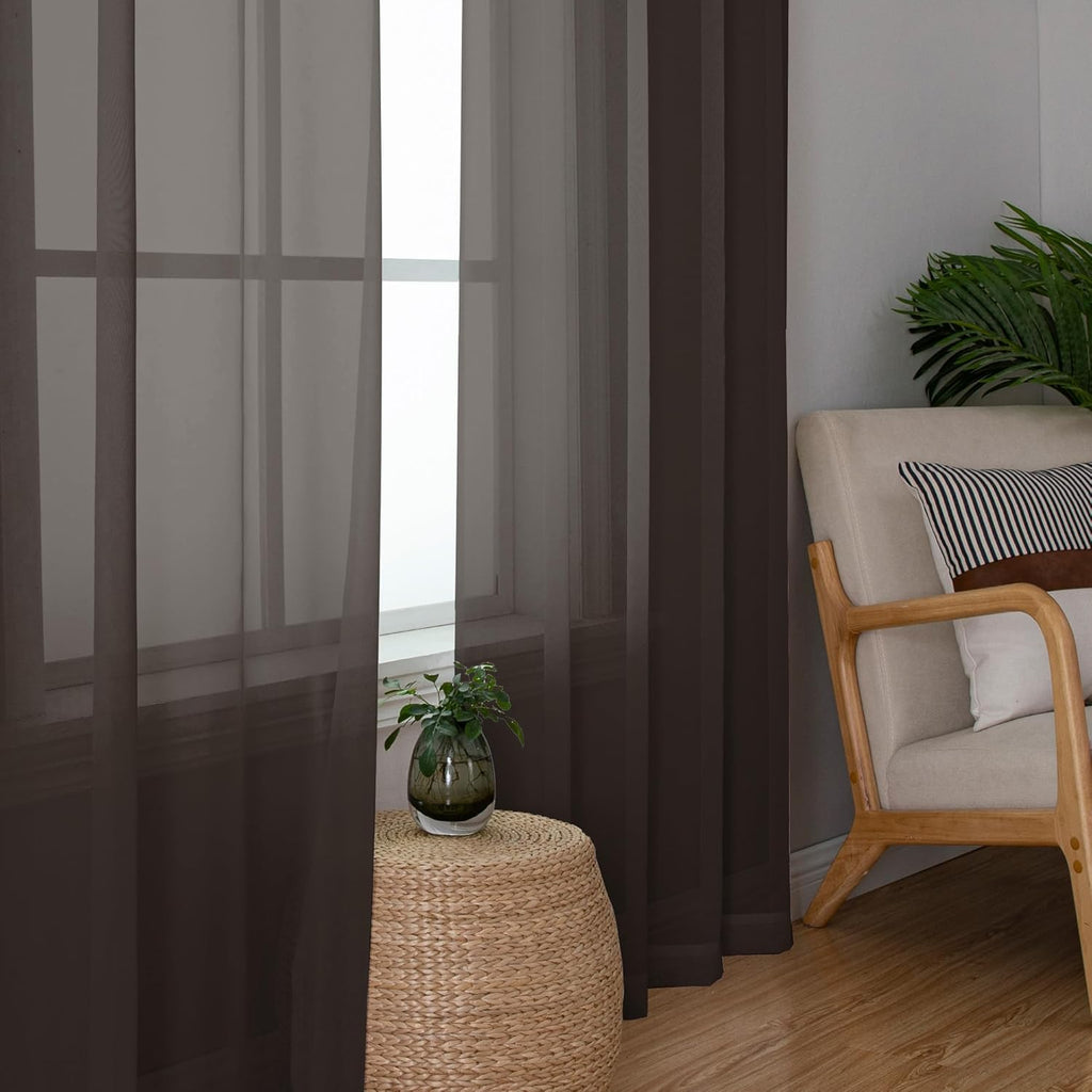 Chyhomenyc Chocolate Brown Sheer Curtains 45 Inch Long 2 Panels, Light Filtering Rod Pocket Voile Short Curtains Drapes for Living Room Bedroom Small Windows, 42Wx45L Inches