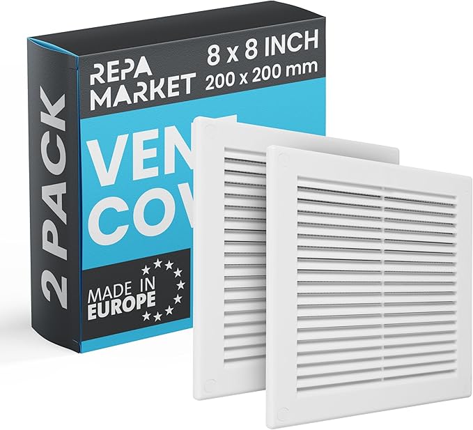 Repa Market 8 x 8 Inch (Outer) White Square Air Vent Cover - Pack of 2 Plastic Fresh Air Intake Vent - AC Cover with Nylon Mesh Screen, Wall, Ceiling HVAC Return Air Register, Modern Soffit Vents