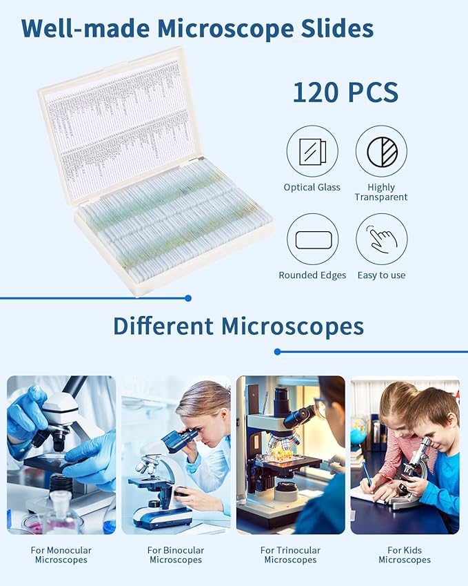 120-Pcs Microscope Slides with Specimens,Pre-Made Glass Slides with Specimens,Educational Microscope Slides and Covers for Young Scientists,Perfect for Biology Class and Experiments