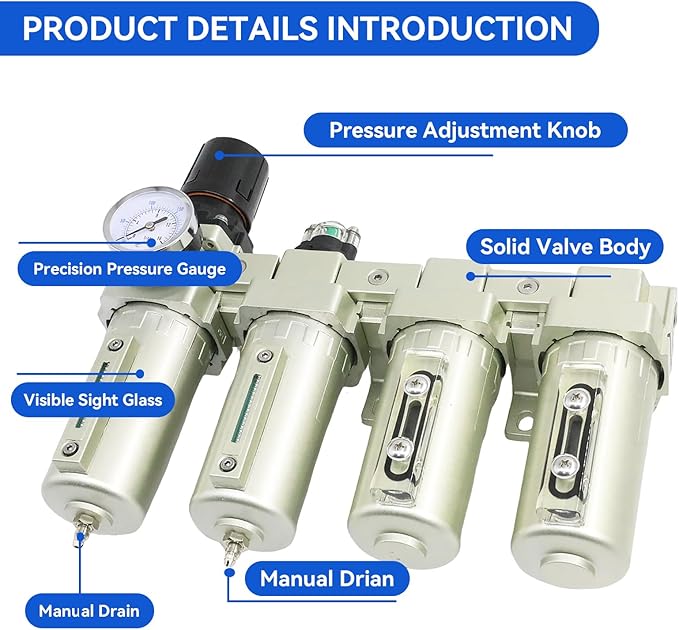 3/4" NPT Industrial Grade 4 Stage Air-Dryer-for-Compressor, Air-Compressor-Water-Separator-System for Plasma Cutter and Paint Spray, 2Filter&2Dryer, Manual Drain