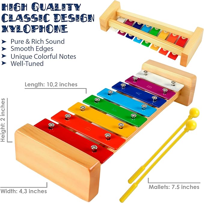 MINIARTIS Xylophone for Kids and Toddlers | 8 Notes Colorful Wooden Xylophone with Mallets and 15 Music Songbook | Kids Musical Instrument Educational Montessori Toys