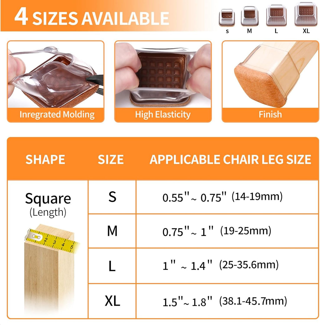 Ezprotekt 24 Pcs XL Square Clear Chair Leg Floor Protectors, Silicone Felt Furniture Pads Caps for Hardwood Floor, Dining Table Bar Stool Leg Protectors Leg Cups Covers (XL Fit: 1.5"-2")