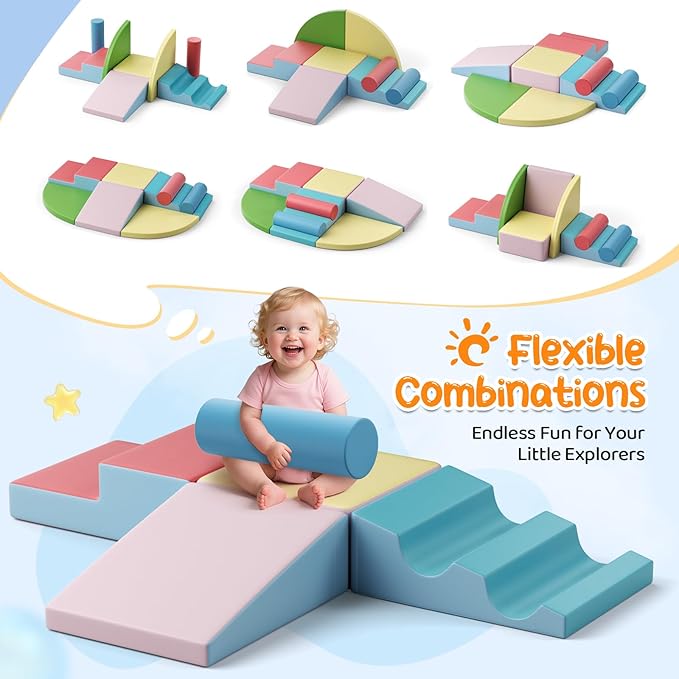 Lischwert Foam Climbing Blocks for Toddlers 1-3, 8pcs Soft Play Set with Crawling Exploration Toys, Indoor Outdoor Infant Safe Blocks for Baby Gym Toddler Playground