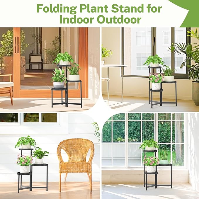 iDavosic.ly 3 Tier Folding Plant Stand Indoor Outdoor with Plastic Tray, Tiered Corner Flower Holder Shelf, Metal Orchid Display Rack for Patio Porch Living Room Garden Balcony, Modern Black