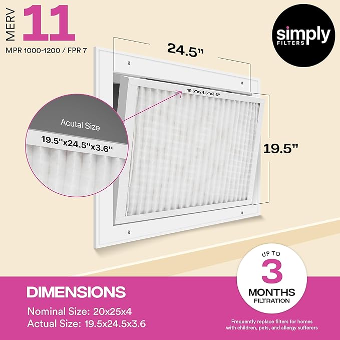 Simply 20x25x4 Air Filter, MERV 11, 6 Pack, Furnace Air Filter for HVAC (Actual Size:19.5"x24.5"x3.63") DUST, Pet, & Allergy Control
