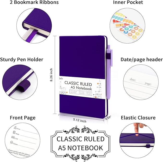 feela 5 Pack Journal Notebook Bulk for School, Hardcover Business Notebooks Classic Ruled Lined Journals with Pen Holder for Work Note Taking, with 5 Black Pens, 120 GSM, 5.1”x8.3”, A5, Purple