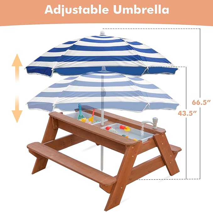 Kids 3-in-1 Sand & Water Activity Table, Wood Outdoor Convertible Picnic Table, 2 Play Boxes, Removable Top with Faucet, Picnic for Outdoor Backyard Patio Play (Brown/Navy)