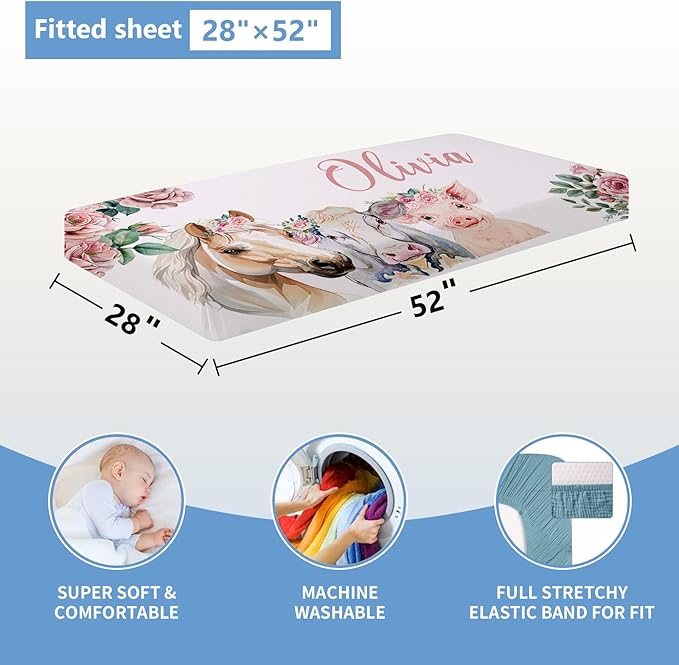 Personalized Floral Animal Crib Bedding Set, 5 Pcs Custom Baby Crib Set with Name, Double Layer Nursery Bedding Set, Soft Baby Bedding Crib Set for Girls, Customized Gift for Toddler Infant