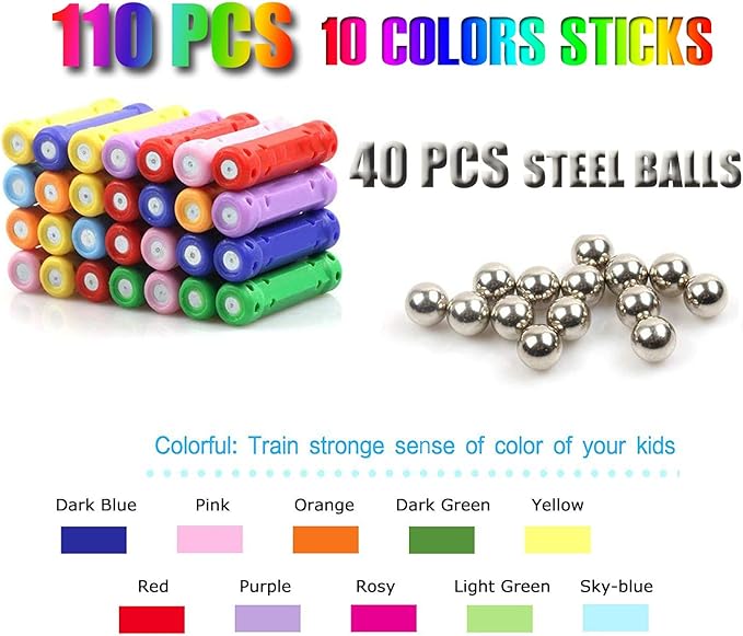 210Pcs Magnetic Building Sticks Blocks, Magnet Educational Toys STEM Toys Learning for Kids, 3D Construction Building Toy with Storage Bag