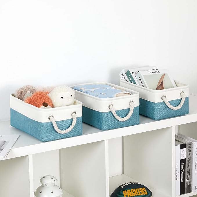 Bidtakay Small Storage Baskets for Shelves 3 Pack Fabric Storage Bins for Organizing Linen Collapsible Organizer for Closet-White&Teal