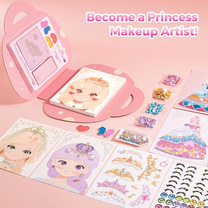 4 in 1 Princess Art Craft Kits, Foil Crafts Art Fun & Gem Painting, Makeup Diamond DIY Activity, Dress Up Sticker Books,Travel Toys, Ideal Toys for Girls Ages 6 7 8+ Years Old