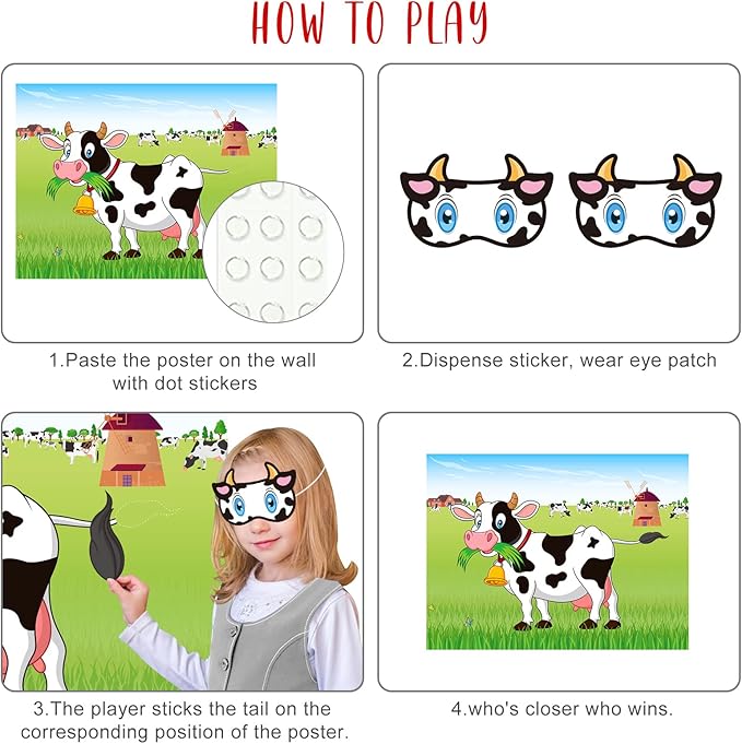 ASTARON Pin The Tail on The Cow Game with 30 Tail Stickers for Farm Birthday Supplies Pin Game, Boys Girls Animal Party Favors Christmas Decorations Home Wall Decor