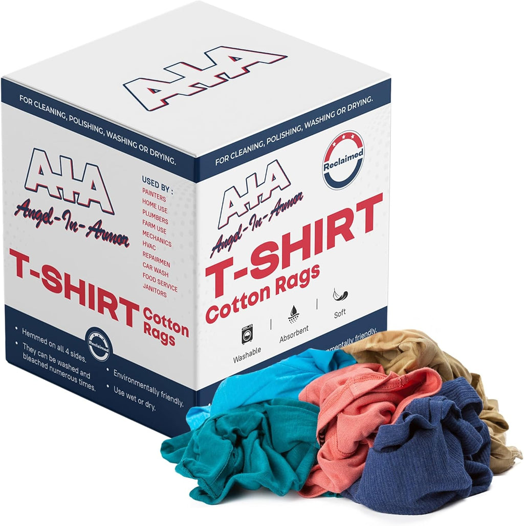 Angel-in-Armor Colored T-Shirt Rags – 25lb Bulk Box of Recycled Cotton Knit Shop Rags – Low Lint Cleaning Cloths for Mechanics, Oil Changes, Industrial and Commercial Use